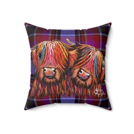 Cozy tartan print pillow featuring a charming highland cow illustration