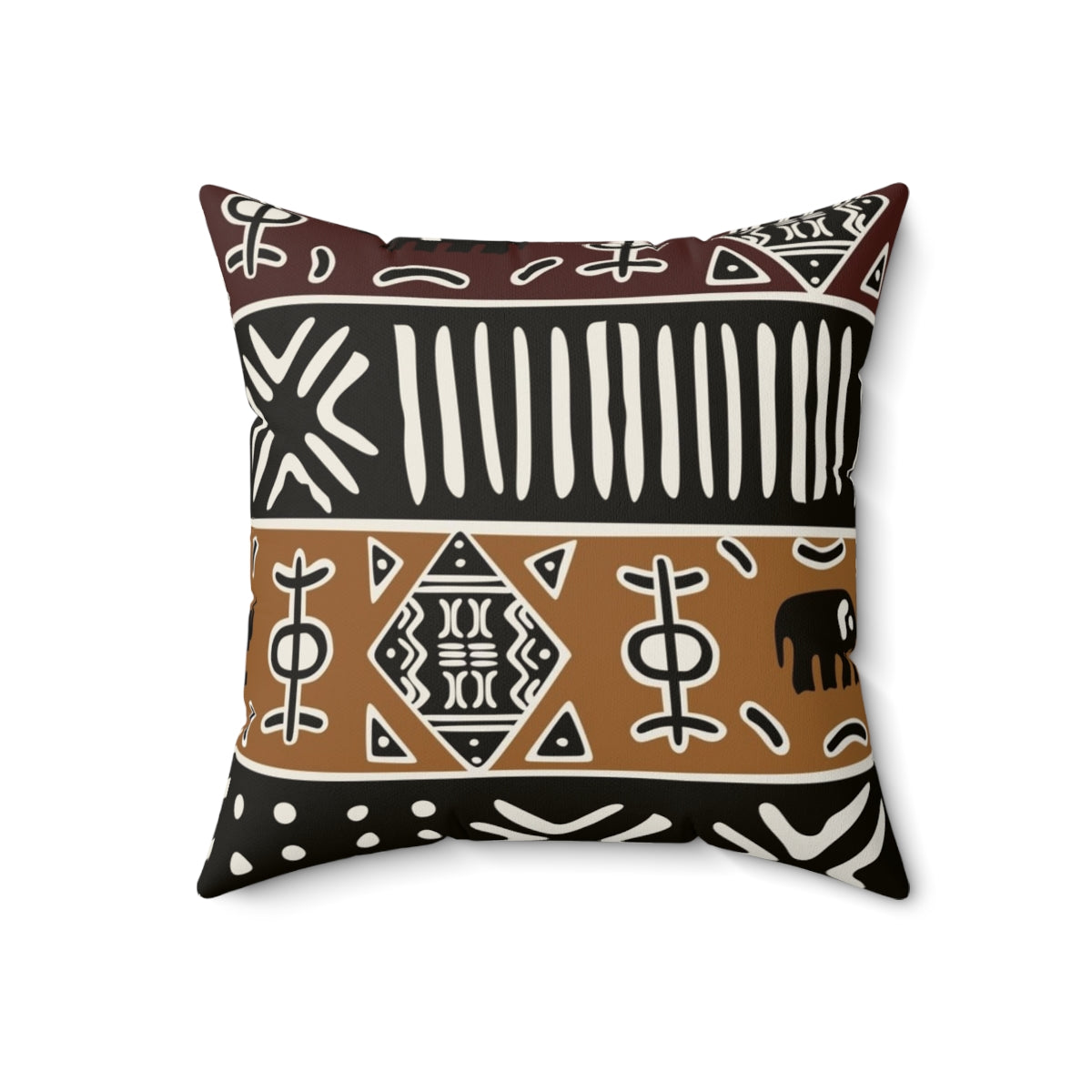 Neutral-toned pillow with a tribal African-inspired elephant pattern