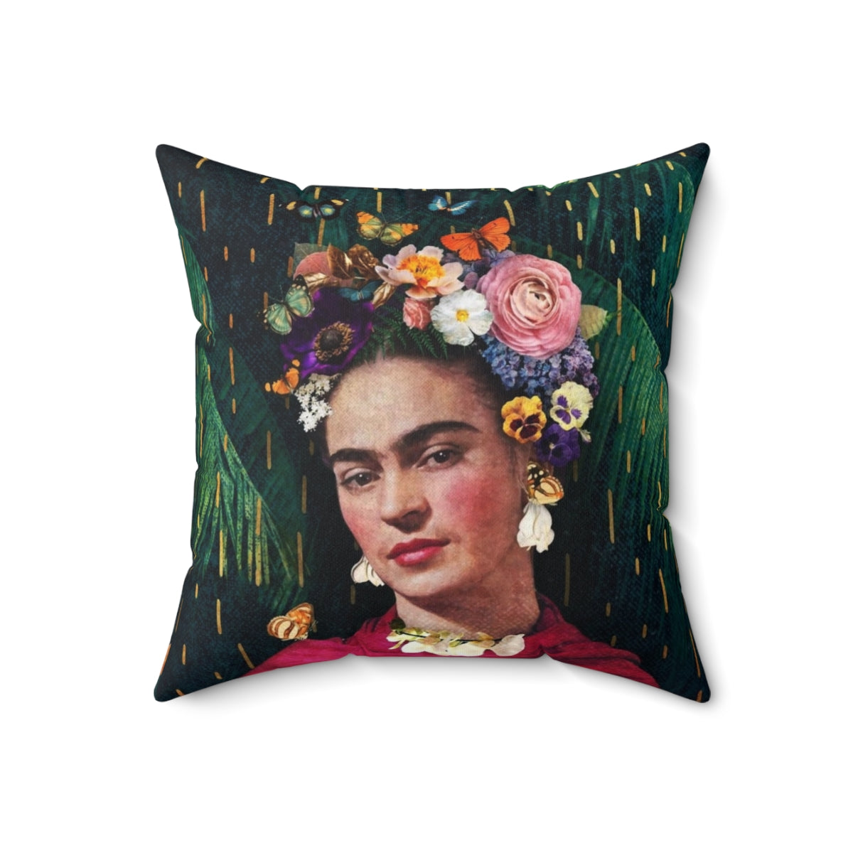 Colorful decorative pillow featuring a collage-style image of Frida Kahlo surrounded by tropical flowers and foliage.