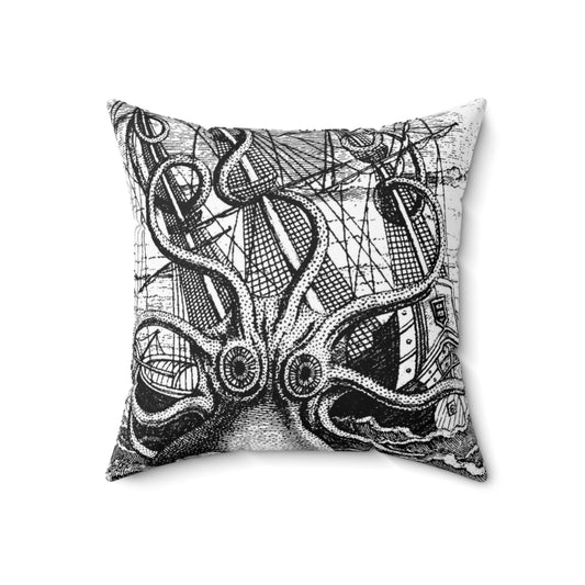 Vintage-style illustration of a giant kraken or sea monster attacking a sailing ship on a decorative throw pillow.