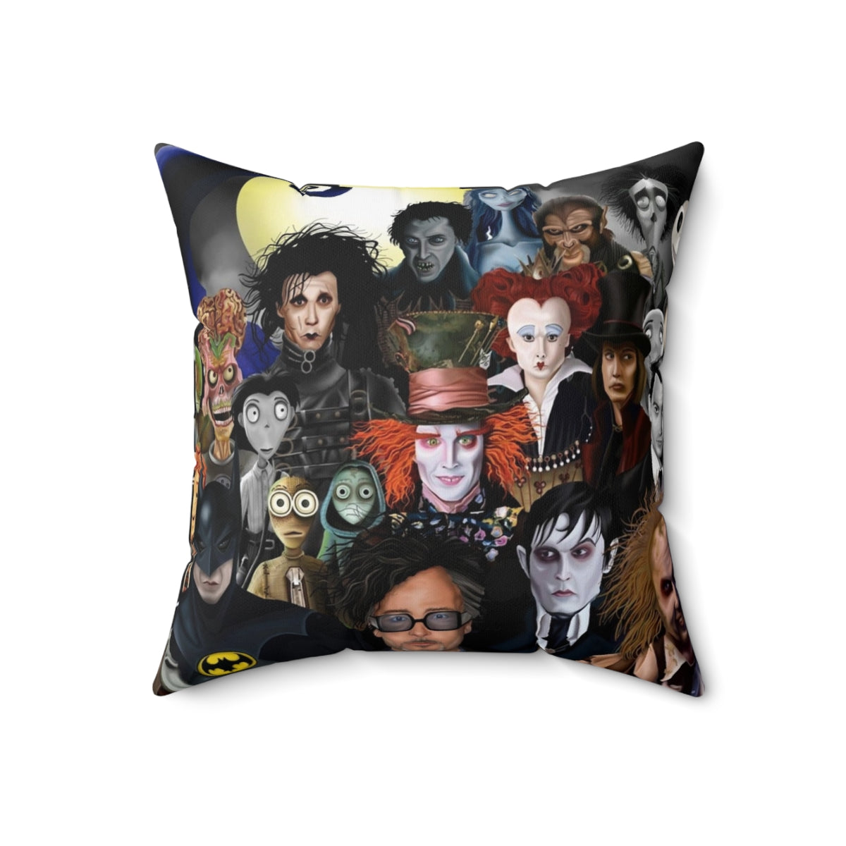 Decorative pillow with gothic and horror-themed artwork inspired by the films of Tim Burton