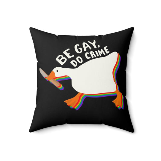 Chaotic goose design on a colorful LGBTQIA+ pride flag-inspired pillow