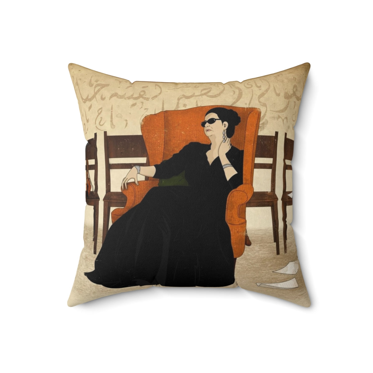 Vintage-style pillow cover featuring the iconic Egyptian singer Oum Kolthoum in a retro typography and calligraphy design. - Back