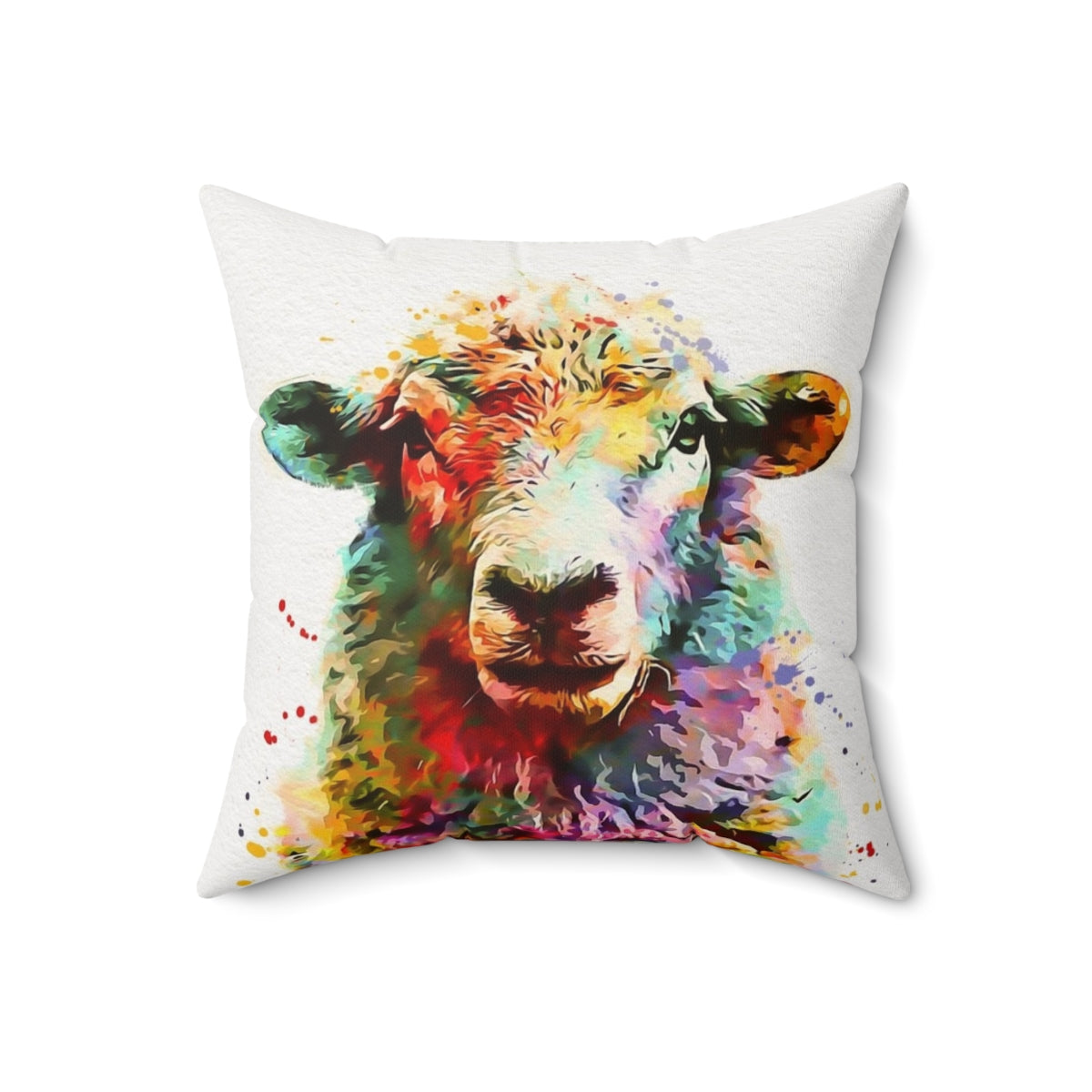 Soft, colorful watercolor painting of a sheep on a decorative throw pillow - Back