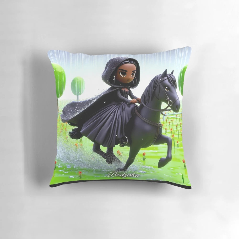 3D chibi illustration of Kate Sharma riding on a horse in the rain, inspired by Bridgerton's "Chase Through the Rain" scene.