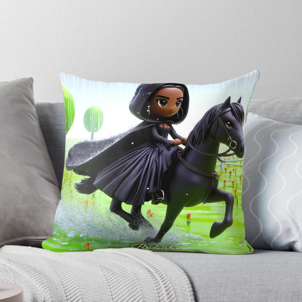 3D chibi illustration of Kate Sharma riding on a horse in the rain, inspired by Bridgerton's "Chase Through the Rain" scene.