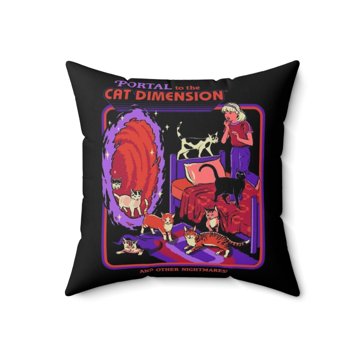 Vintage-style cat pillow with a dimensional, sci-fi design - Back