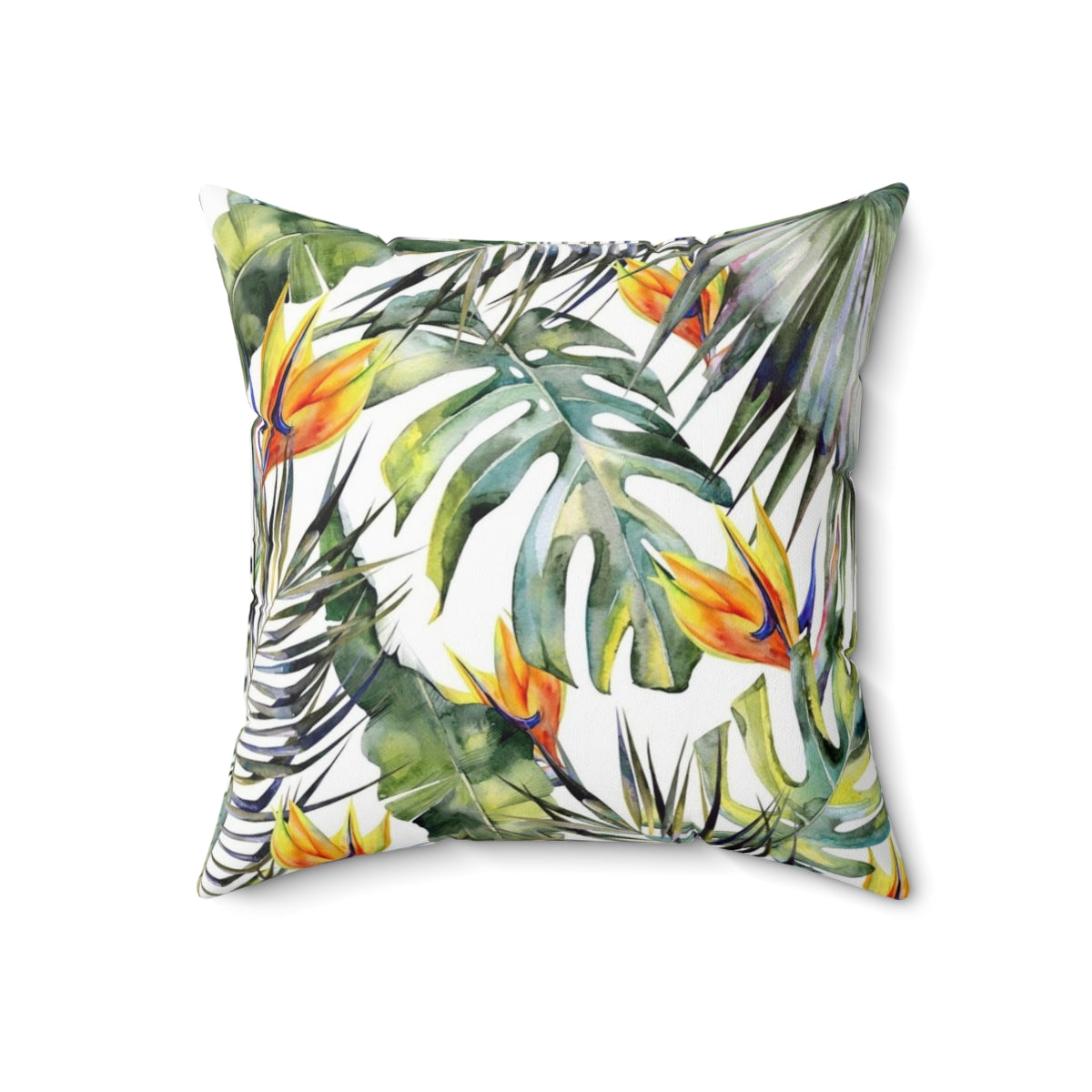 Tropical garden themed decorative pillow cover featuring vibrant watercolor leaves, birds of paradise, and palm fronds. - Back