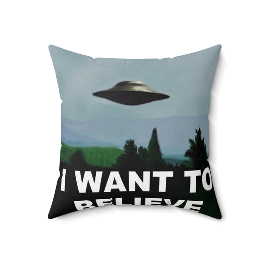 "Pillow featuring the iconic 'I Want to Believe' phrase from The X-Files TV series"