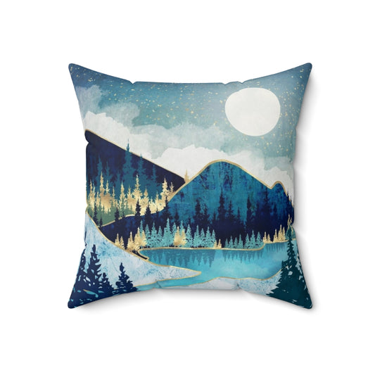 A cozy pillow with a vibrant celestial landscape design featuring stars, trees, and a calming blue and teal color palette.