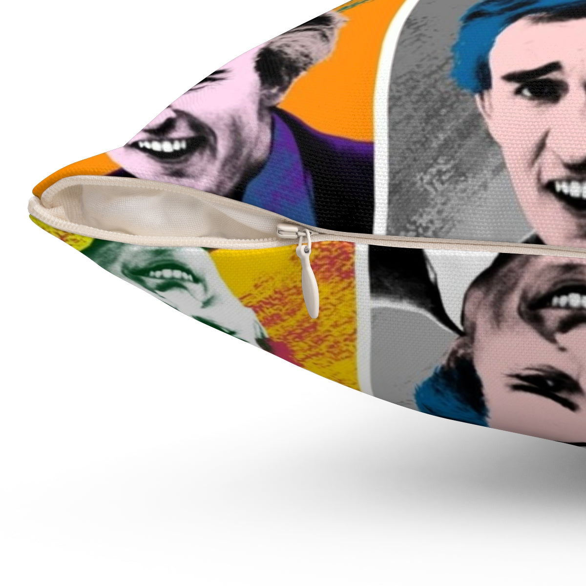 Vibrant pop art style pillow featuring the character Alan Partridge from the popular British TV series - Detail