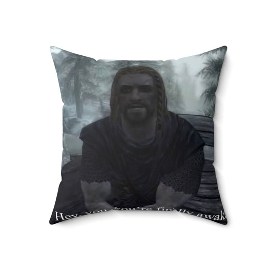 Skyrim-themed pillow with the "Hey, you're finally awake" meme design