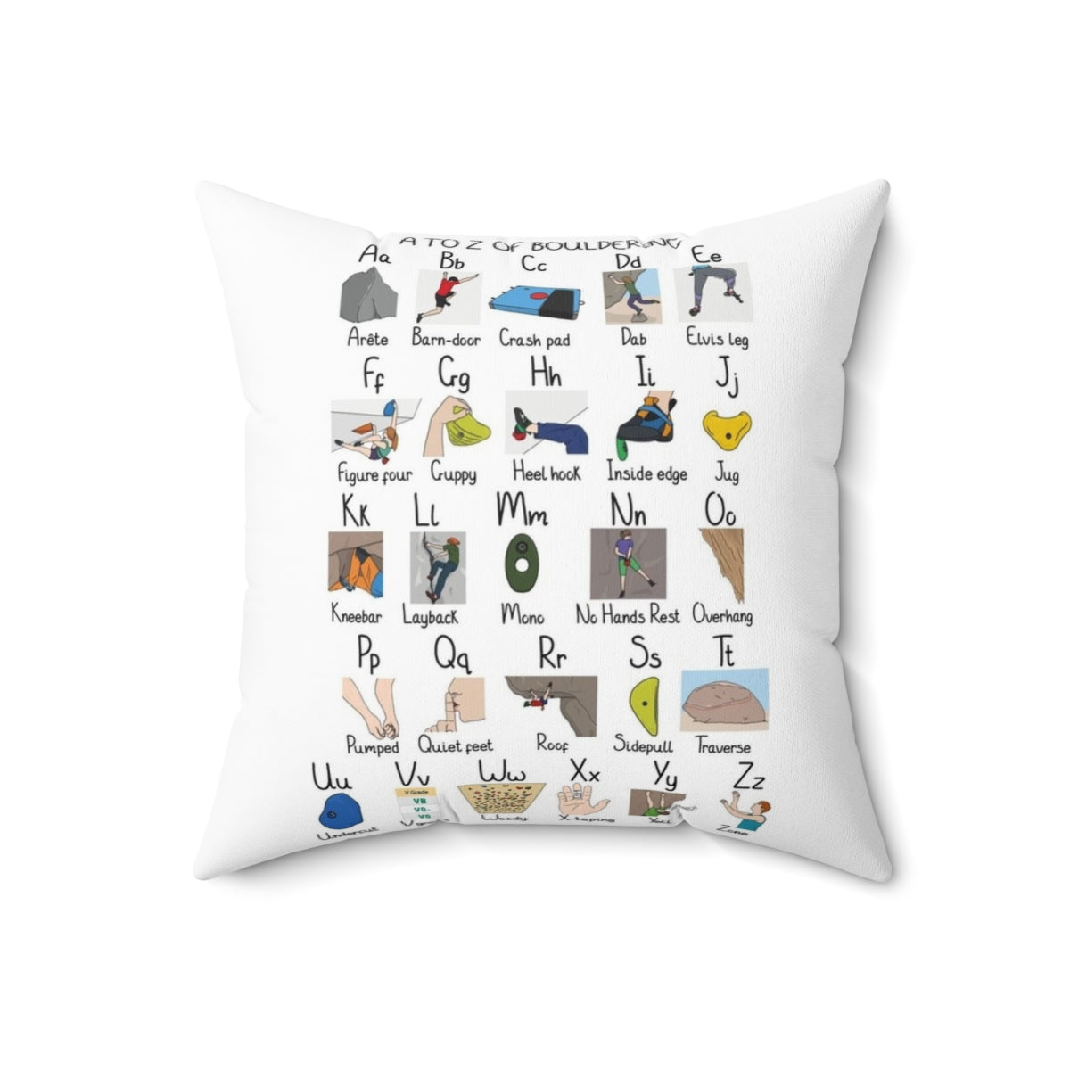 Bouldering-themed decorative throw pillow with A to Z design - Back