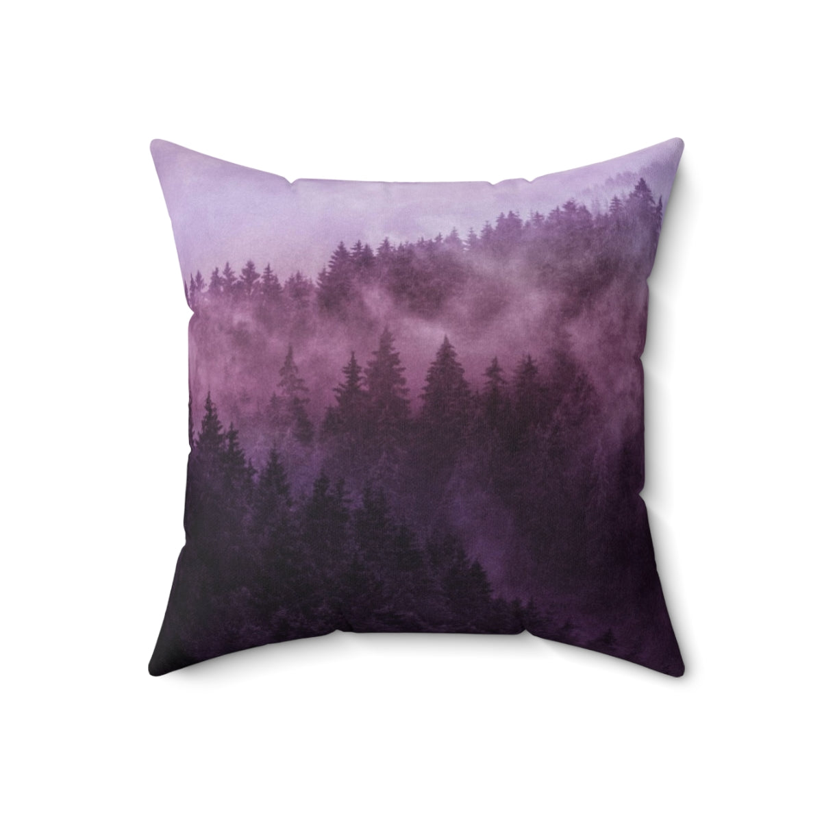 Cozy pillow featuring a moody, romantic forest scene with misty trees and a dreamy, tranquil atmosphere.