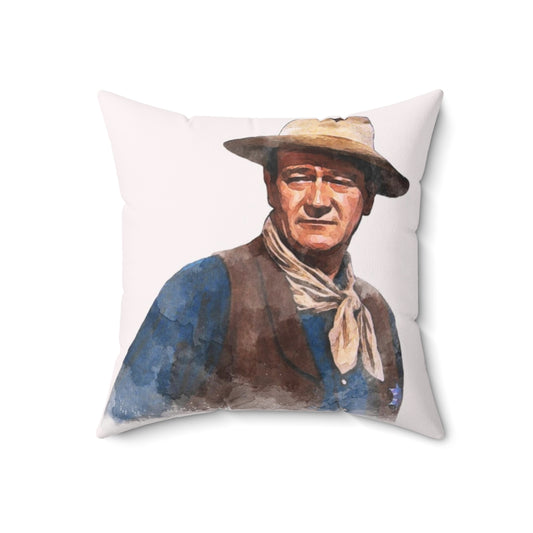 Watercolor portrait of iconic actor John Wayne as "The Duke" on a decorative pillow