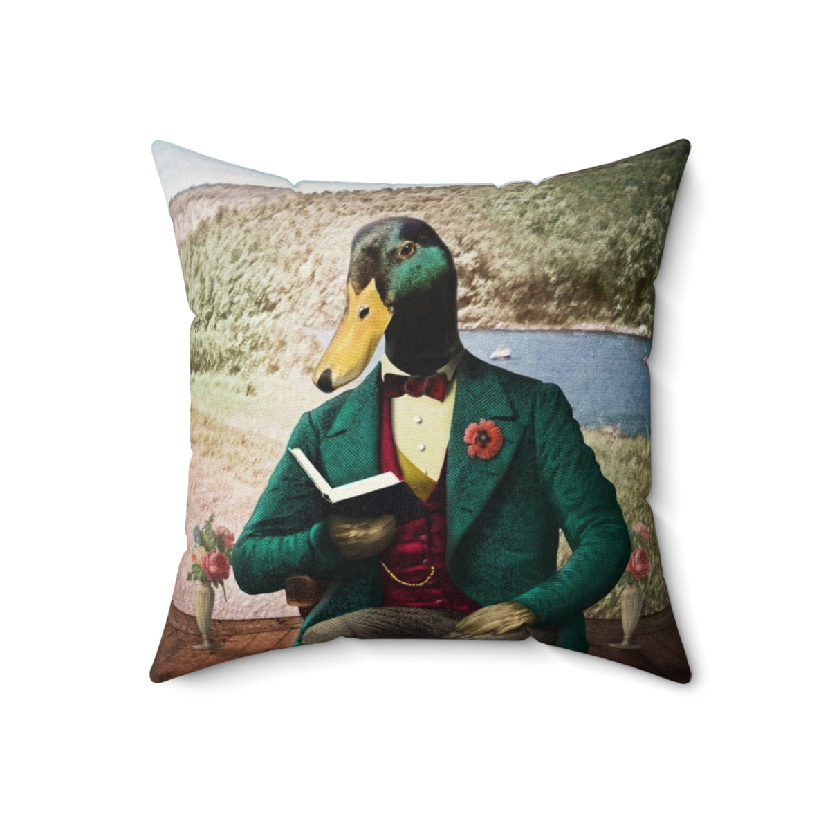 Vintage-inspired pillow featuring an illustration of a mallard duck reading an antique book. - Back