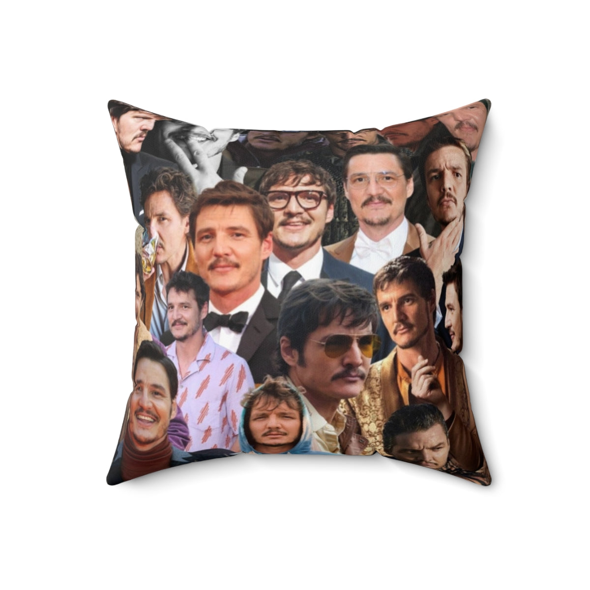 Stylish Pedro Pascal photo collage printed on a plush pillow