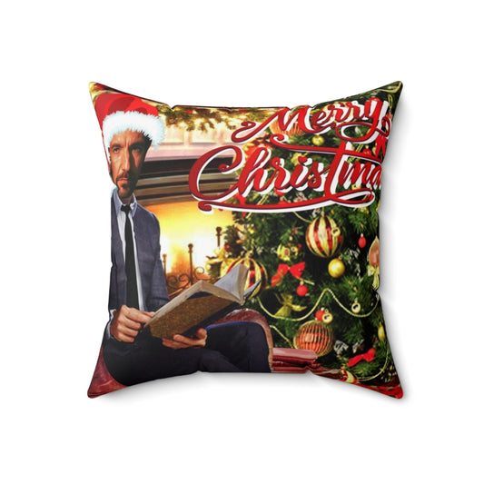 A festive Die Hard-themed Christmas pillow with an image of Hans Gruber, the iconic villain from the movie.