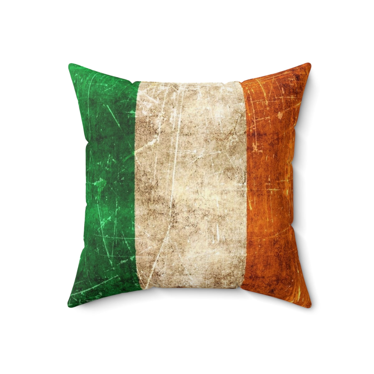 Vintage-style distressed Irish flag printed on a throw pillow