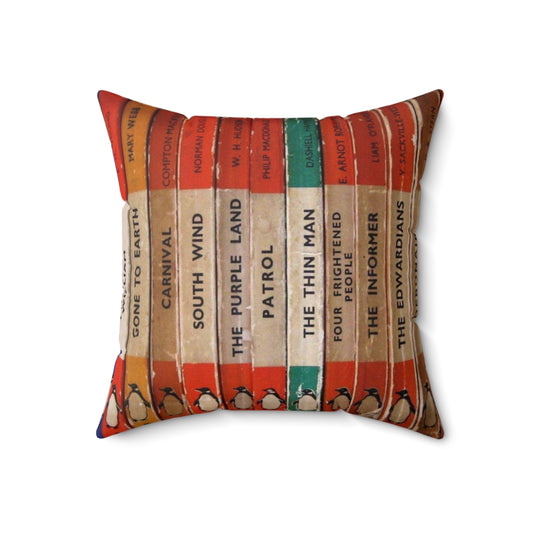 Vintage-style book spine pillow with Penguin books design