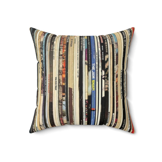 Cozy classic rock-themed pillow featuring a collage of vintage vinyl records and album art