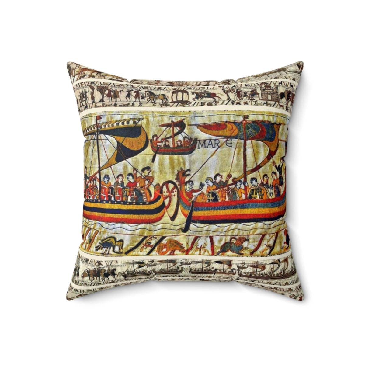 "Decorative medieval-style pillow featuring the iconic Bayeux Tapestry design with Viking ships and scenes from the Norman conquest of England" - Back