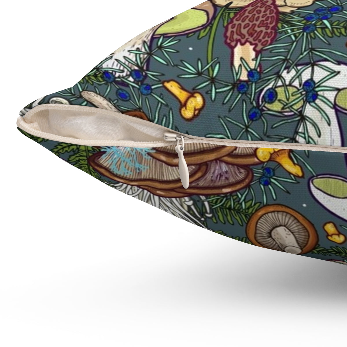 Artistic illustration of a whimsical mushroom forest scene on a decorative pillow - Detail