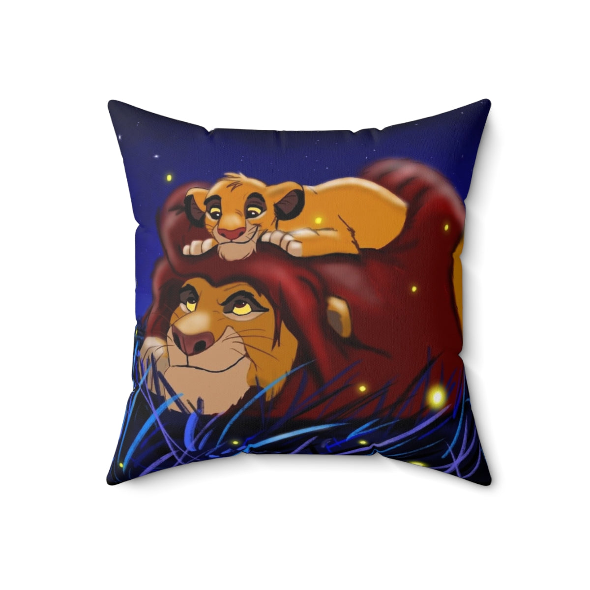 A vibrant and colorful pillow design featuring characters from the classic Disney film The Lion King.