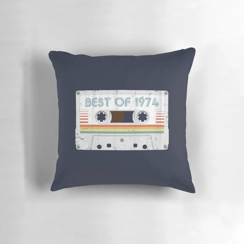 A vintage-style 50th birthday pillow featuring a distressed cassette tape design for the year 1974.