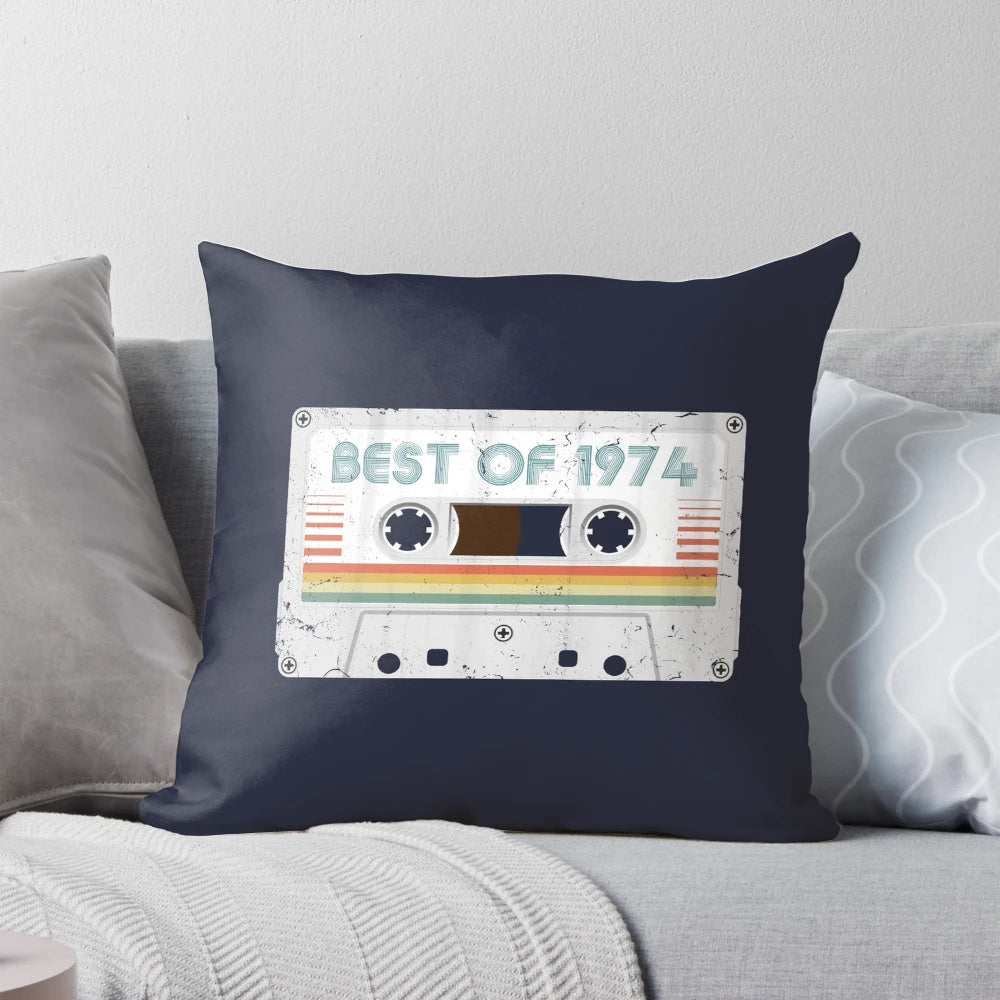 A vintage-style 50th birthday pillow featuring a distressed cassette tape design for the year 1974.