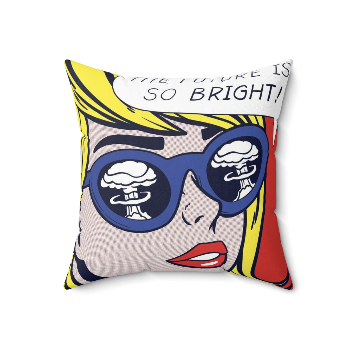 Colorful pop art pillow featuring a stylized atomic bomb explosion in a retro comic book style