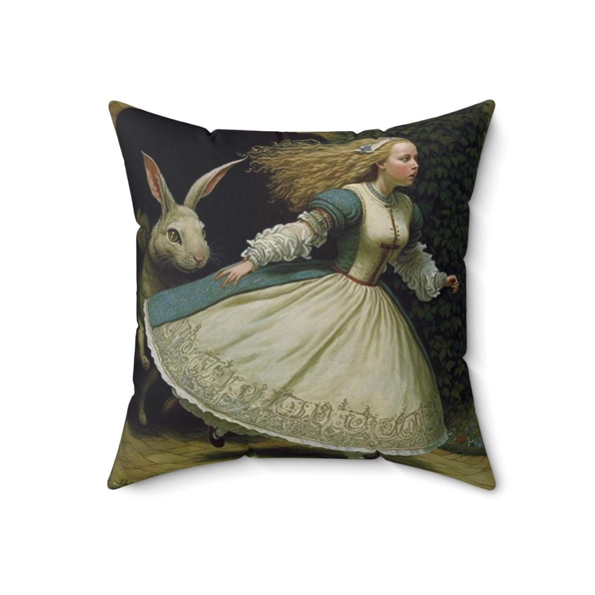 Decorative throw pillow featuring Alice, the Mad Hatter, and the White Rabbit from the classic fantasy tale Alice in Wonderland. - Back