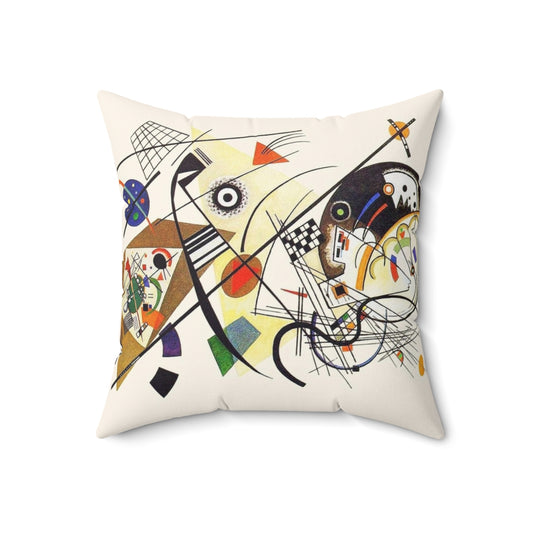 Decorative pillow featuring abstract art with intersecting lines inspired by the Bauhaus artist Wassily Kandinsky