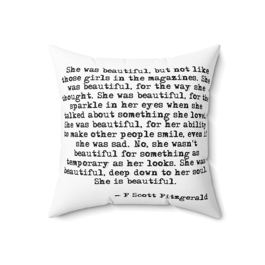 Beautiful and inspiring pillow featuring a classic quote from F. Scott Fitzgerald's literary works.