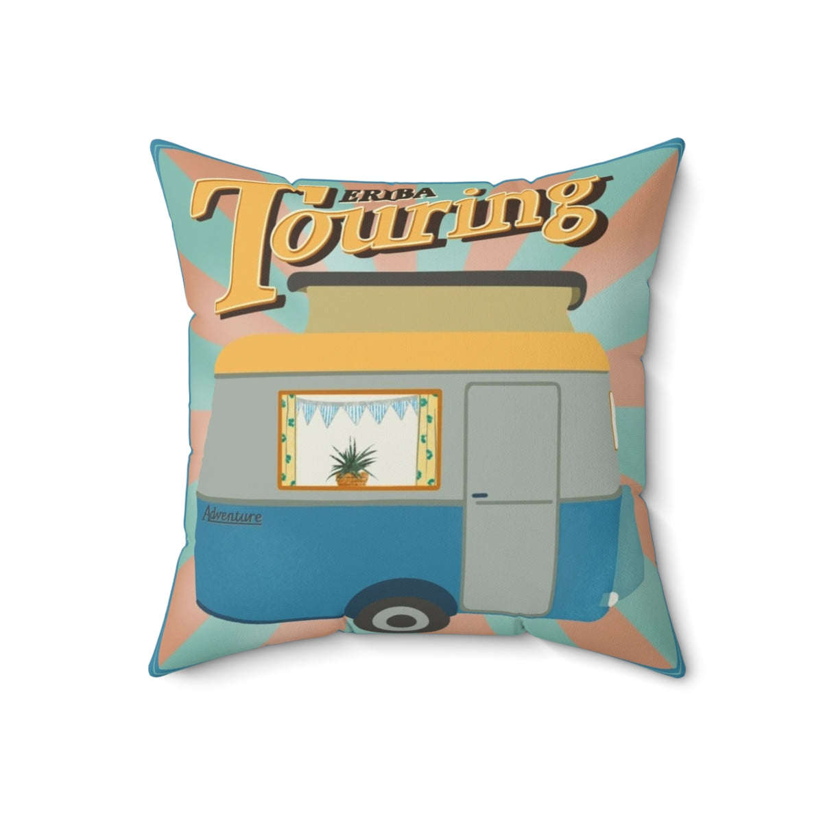 Vintage-inspired throw pillow featuring a retro touring caravan design