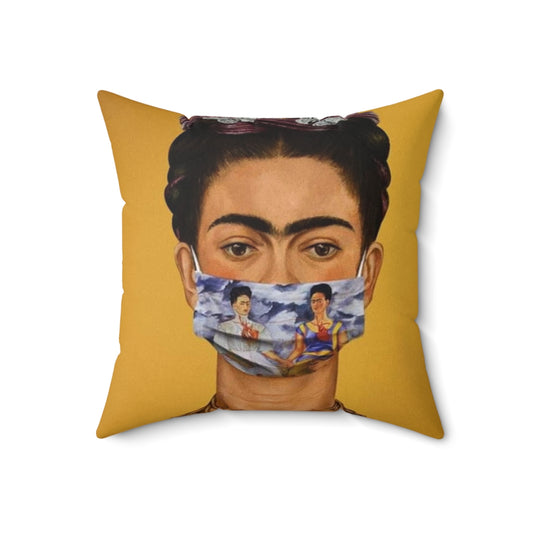 Colorful Frida Kahlo-inspired decorative pillow featuring abstract floral artwork