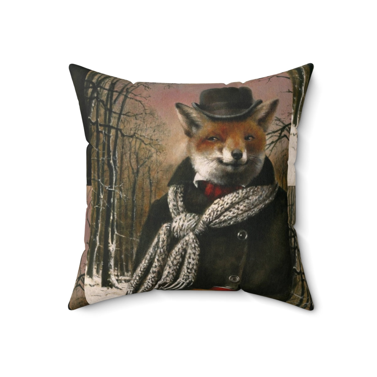 Vintage-style fox in a winter snow scene on a decorative accent pillow