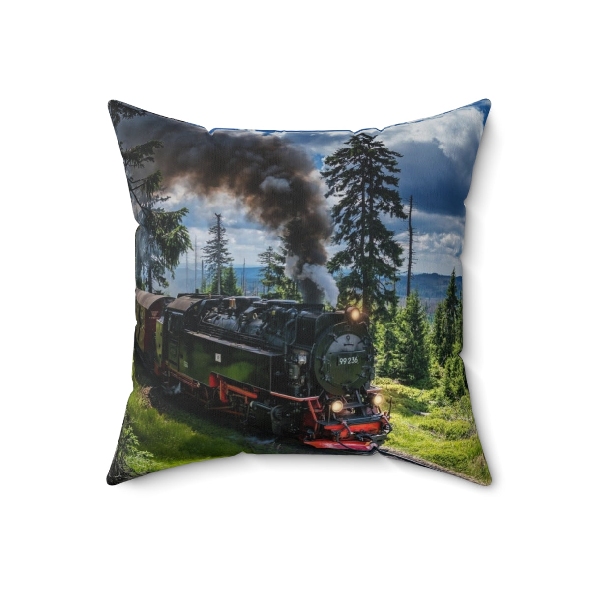 Vintage-style pillow featuring a steam locomotive from the Harz narrow gauge railways in Germany.