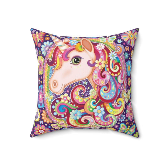 Vibrant, detailed unicorn art with rainbow colors, flowers, and butterflies printed on a soft, comfortable pillow.