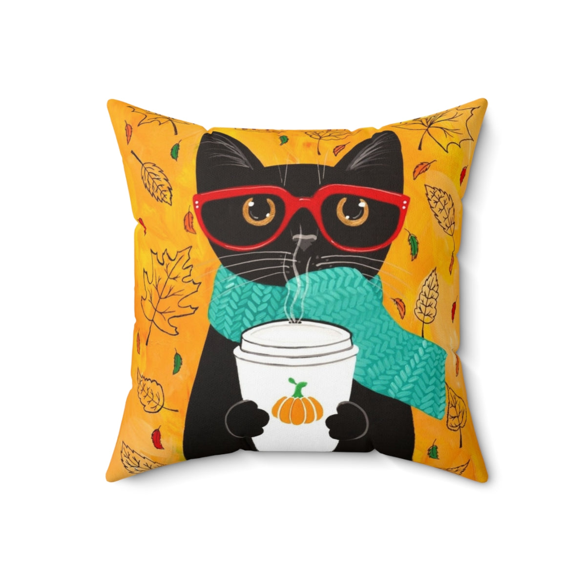 A cozy autumn-themed pillow featuring a cat wearing glasses and holding a pumpkin spice latte - Back