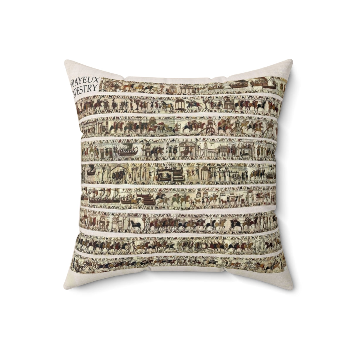 Detailed medieval art illustration of the Battle of Hastings on a decorative pillow - Back