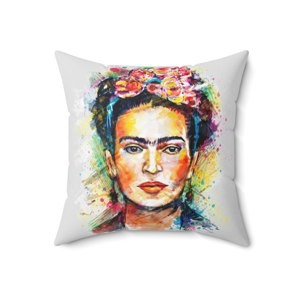 Colorful abstract portrait pillow featuring the iconic artist Frida Kahlo's expressive face