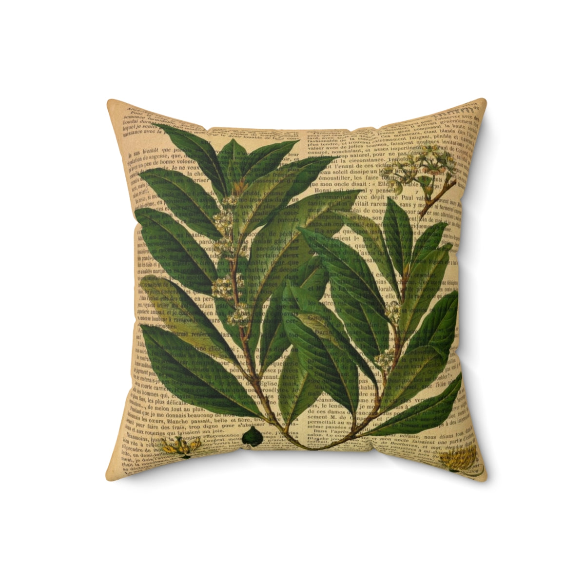 Vintage botanical print on distressed old book page decorative throw pillow