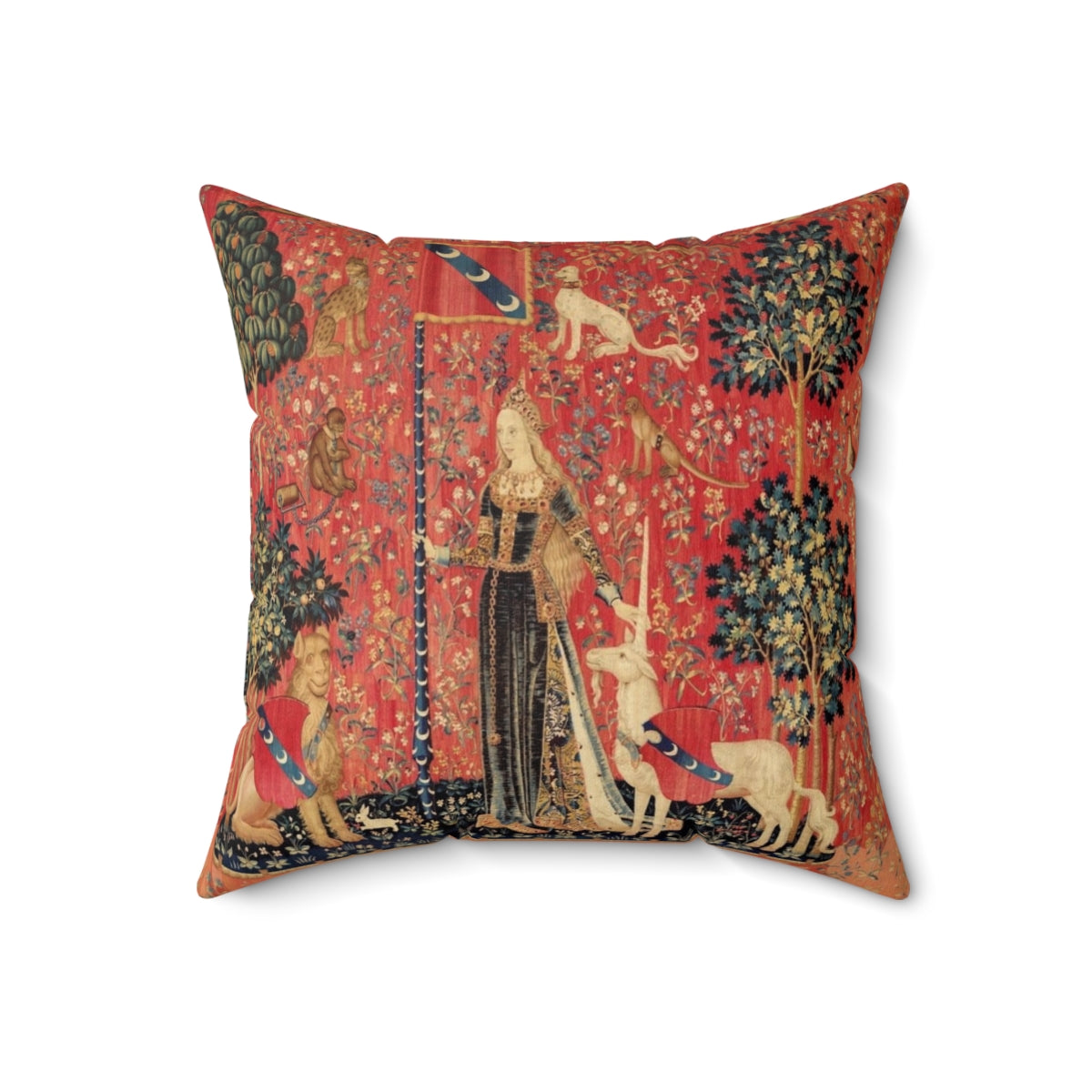 Artistic floral pillow with a fantasy unicorn illustration in a vintage, gothic style.