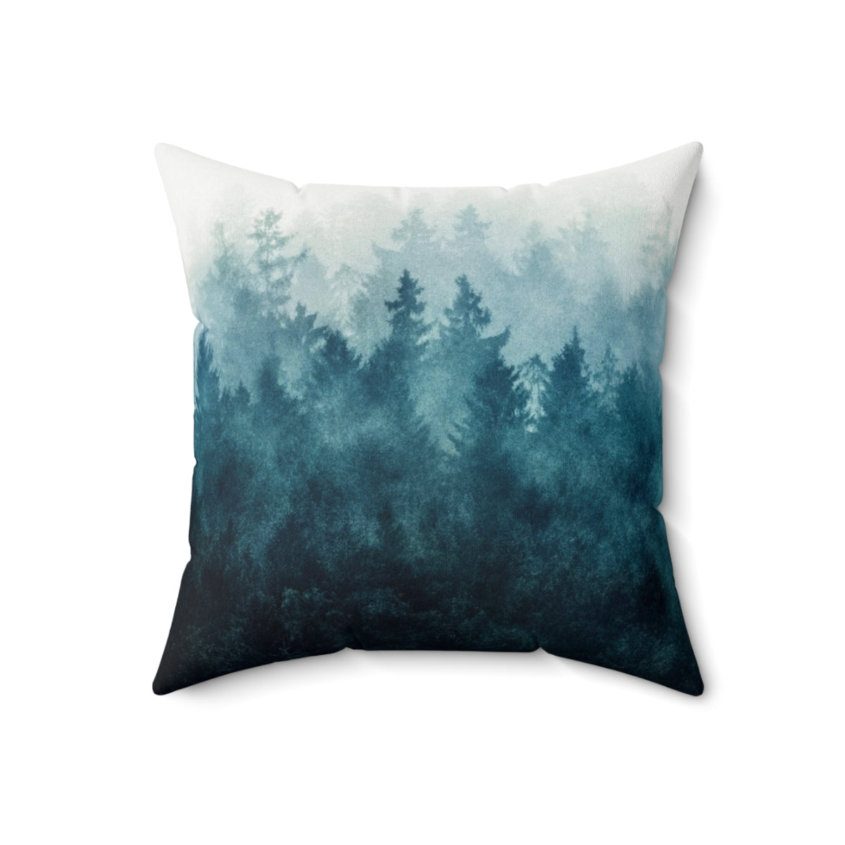 Cozy forest-themed decorative pillow with a misty, vintage-inspired design