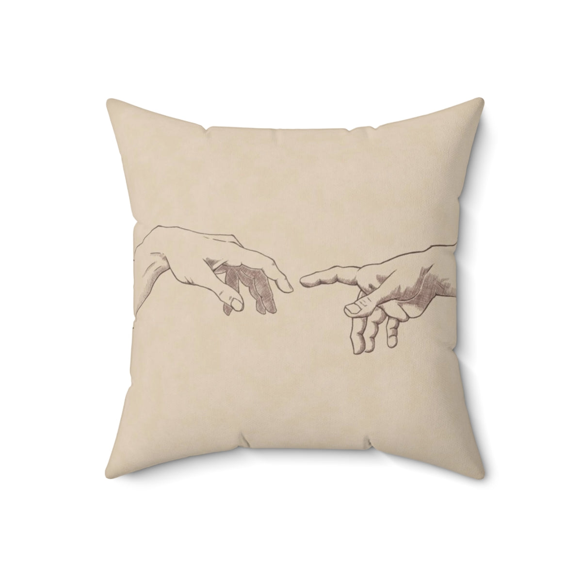 A decorative throw pillow featuring a sketch-style design inspired by Michelangelo's famous Renaissance artwork, "The Creation of Adam".