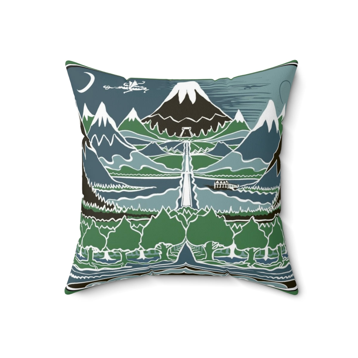 Decorative pillow featuring a Tolkien-inspired fantasy landscape with a winding mountain path - Back