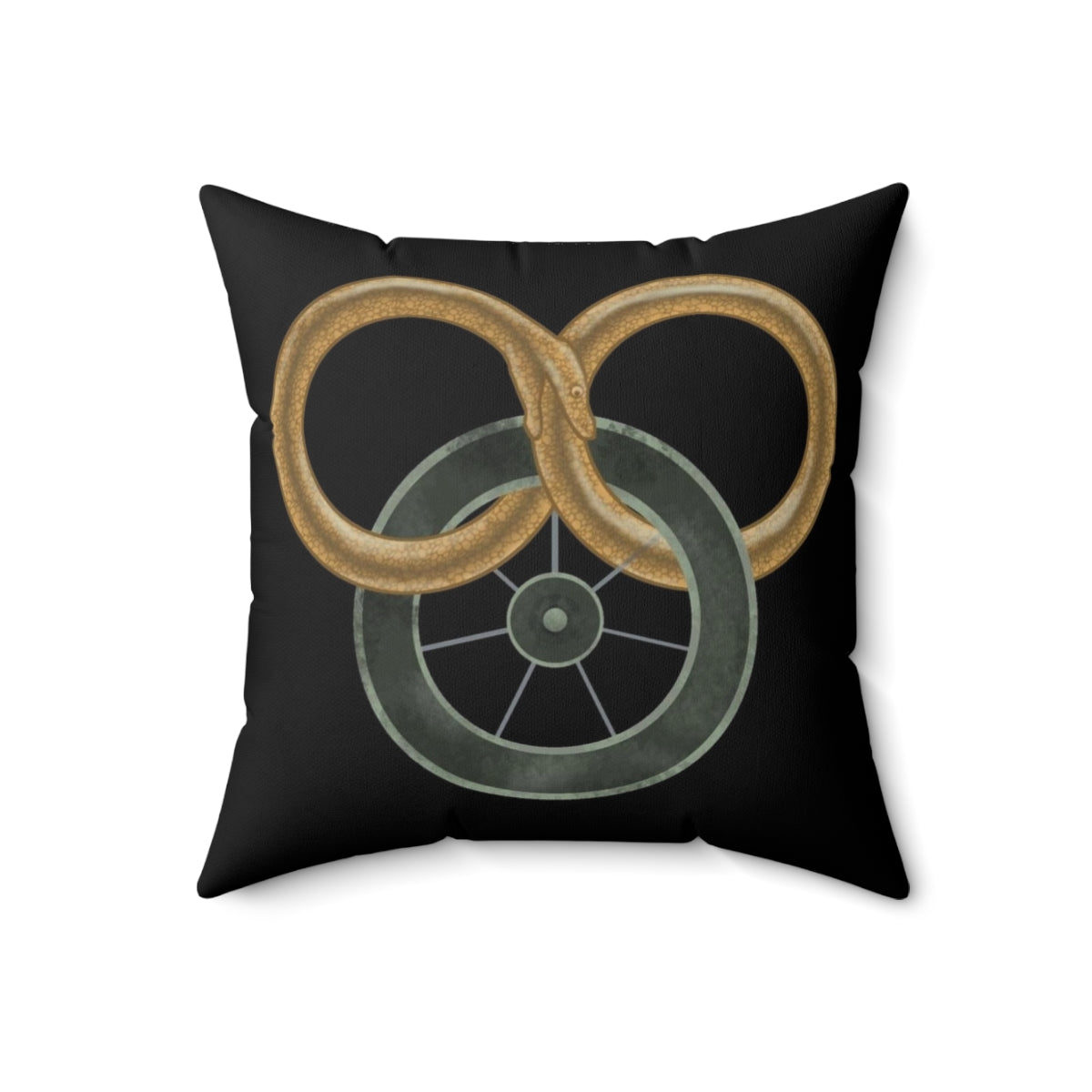 Stylized illustration of the Wheel of Time symbol on a decorative throw pillow - Back