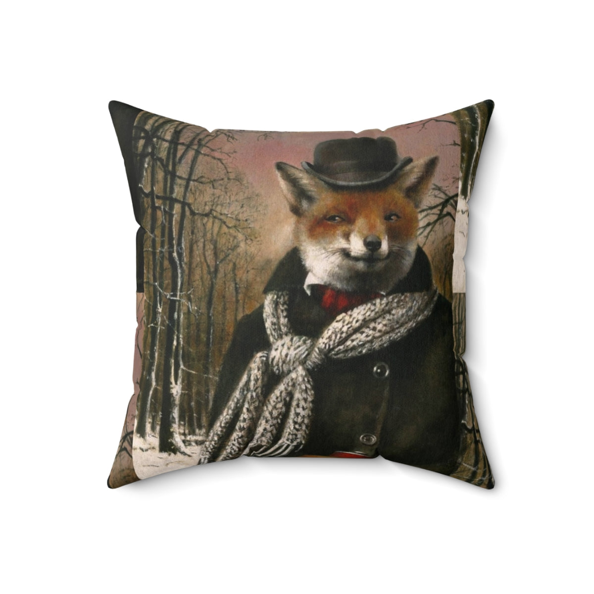 Vintage-style fox in a winter snow scene on a decorative accent pillow - Back