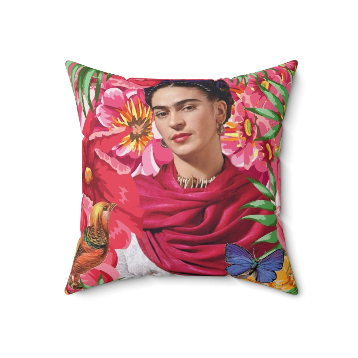 Colorful decorative pillow featuring the iconic imagery of Mexican artist Frida Kahlo - Back